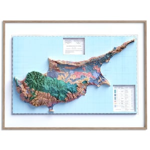 Bodemkaart van Cyprus van 1987 - 2D-poster gearceerde reliëfkaart, Fine Art Wall Decor, vintage cadeau print, geografie reizen kunst