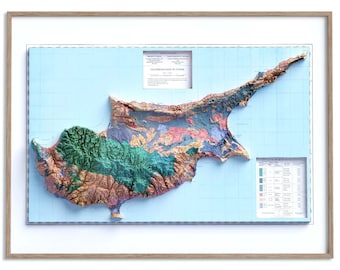 May include: A 3D relief map of Cyprus, depicting the island's topography and geological formations. The map is printed on a blue background with a grid pattern. The map includes a legend with different colours representing different geological formations.
