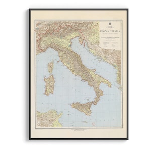 Italia, mapa topográfico 1922 - Póster reimpreso vintage, arte de decoración de pared, regalo de geografía de viaje