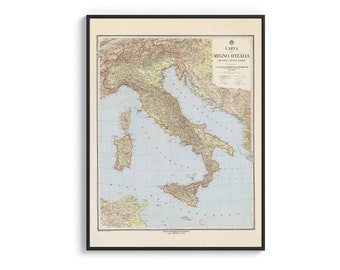 Italy, Topographic map 1922 - Vintage map reprint, wall decor map, travel poster