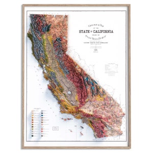 Geologische kaart Californië (VS) van 1916 - 2D-poster gearceerde reliëfkaart, Fine Art Wall Decor, vintage cadeau print, geografie reizen kunst