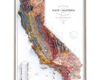 May include: A vintage geological map of the State of California, issued by the State Mining Bureau. The map shows the different geological formations in the state, with a key to the different colours used to represent the different formations. The map is dated 1906.