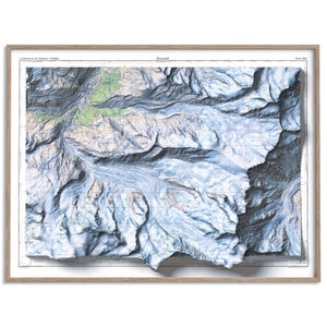 Carte topographique de Zermatt (Suisse) de 1970 - carte en relief ombragé affiche 2D, décoration murale fine art, impression cadeau vintage, voyage géographie
