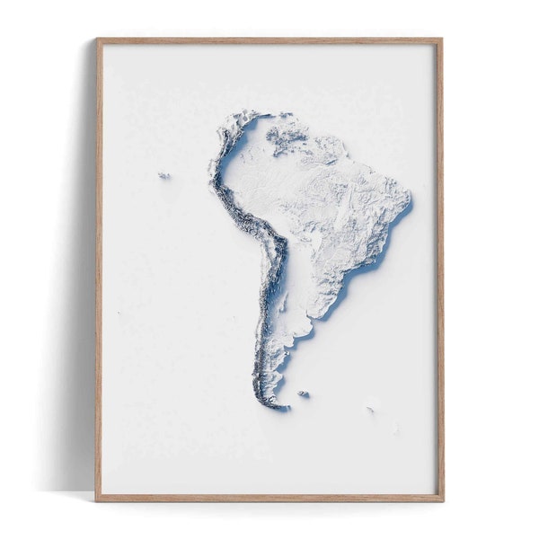 Südamerika - Höhenkarte (weiß) - 2D Poster Shaded Relief Map, Fine Art Wand Dekoration, Reise Poster
