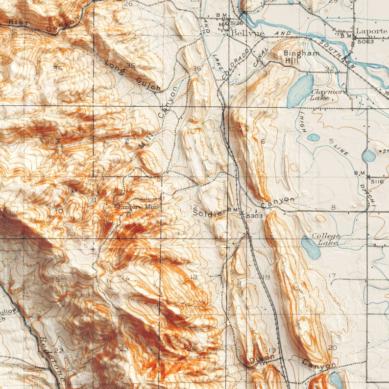 Fort Collins Colorado, USA Topographic Map of 1906 2D Poster Shaded Relief Map, Fine Art Wall Decor, Vintage Gift Print Geography Travel image 5