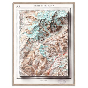 Little St Bernard (Italy) Topographic Map of 1899 - 2D Poster Shaded Relief Map, Fine Art Wall Decor, Vintage Gift Print, Geography Travel