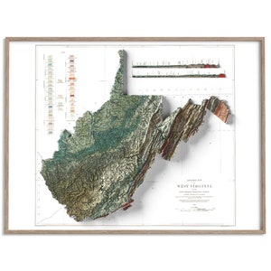 West Virginia (USA) Geologische Karte von 1932 - 2D Poster Relief, Karte mit Schattierung, Vintage Geschenk Druck, Geographie Reise Kunst