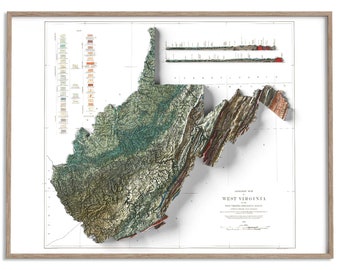 Geologisk karta över West Virginia (USA) från 1932: Vintage platt skuggad relieftryckkonst