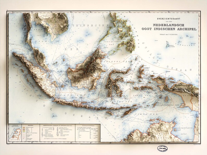 Indonesien, Topographische Karte von 1901 2D Poster Relief, Farbiger Reliefdruck, Vintage Geschenk Druck, Geographie, Reisekunst Bild 6