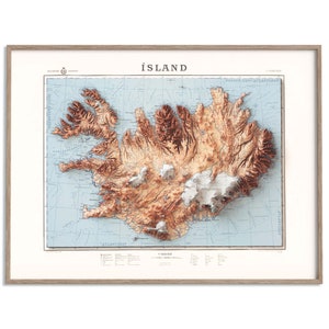 Island Topographische Karte von 1963 - 2D Poster Reliefkarte, Vintage Geschenk Druck, Geographie, Wanddekoration