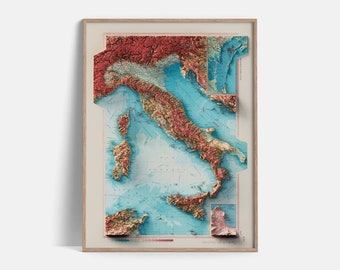 Italy Topographic Map of 1967 - 2D Poster Shaded Relief Map, Fine Art Wall Decor, Vintage Gift Print, Geography Travel Art