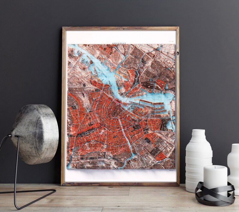 Amsterdam The Netherlands City Map of 1914 2D Poster Shaded Relief Map, Fine Art Wall Decor, Vintage Gift Print, Geography Travel Art image 3