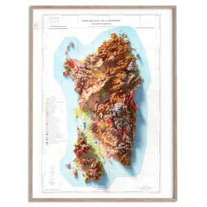 Carte du sol de la Sardaigne (Italie) de 1960 - carte en relief ombragé, affiche 2D, décoration murale beaux-arts, impression cadeau vintage, art de voyage géographie
