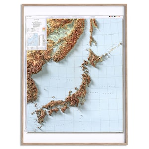 Carte topographique du Japon de 1945 - carte en relief ombragé affiche 2D, décoration murale fine art, impression cadeau vintage, art de voyage géographie