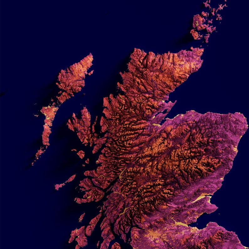 Great Britain, UK Elevation Map Magma 2D Poster Shaded Relief Map, Fine Art Wall Decor, Travel Poster image 4