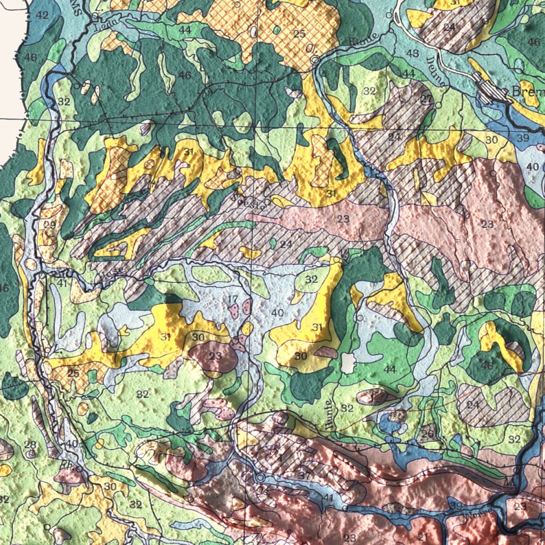 West Germany, Soil map - 1963, 2D printed shaded relief map with 3D effect of a 1963 soil map of West Germany. Shop our beautiful fine art printed maps on supreme Cotton paper. Vintage maps digitally restored and enhanced with a 3D effect.