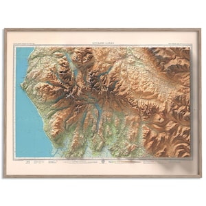 Englische Seen (England, UK) Topographische Karte von 1941 - 2D Poster Relief, Karte, Wanddekoration, Vintage Geschenk Druck, Geographie Reise