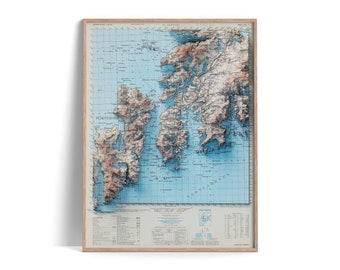 Flakstad (Lofoten, Norway) Topographic Map of 1952 - 2D Poster Shaded Relief Map, Fine Art Wall Decor, Vintage Gift Print, Geography Travel