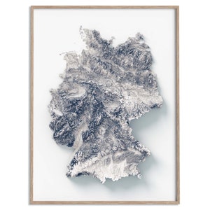 Carte des reliefs de l'Allemagne (blanc) - affiche 2D, carte en relief ombré, décoration murale beaux-arts, affiche de voyage géographie