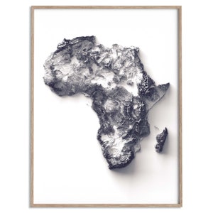 Carte d'altitude de l'Afrique (blanche) - carte en relief ombragé affiche 2D, décoration murale beaux-arts, affiche de voyage géographie