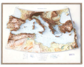 Mediterranean Sea Topographic Map of 1937 - 2D Poster Shaded Relief Map, Fine Art Wall Decor, Vintage Gift Print, Geography Travel Art