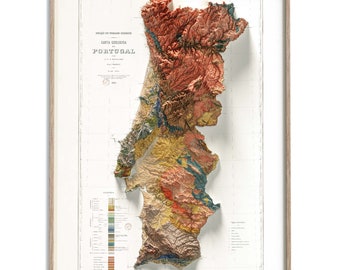 Portugal Geological Map of 1899 - 2D Poster Shaded Relief Map, Fine Art Wall Decor, Vintage Gift Print, Geography Travel Art