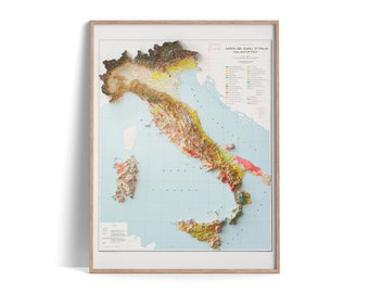 Italy Soil Map of 1966 - 2D Poster Shaded Relief Map, Fine Art Wall Decor, Vintage Gift Print, Geography Travel Art