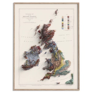 Carte géologique des îles britanniques et irlandaises de 1906 - carte en relief ombragé affiche 2D, décoration murale beaux-arts, impression cadeau vintage, art de voyage géographie