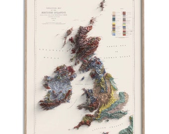 British-Irish Isles 1906 Geological Map: Vintage Flat Shaded Relief Print Art