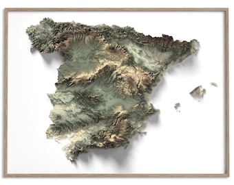 Mapa wysokościowa Hiszpanii – edycja Geo – nowoczesny, płaski, cieniowany wydruk reliefowy