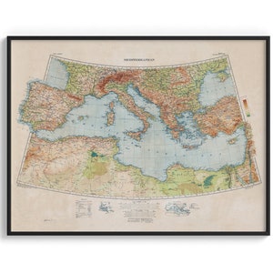 Mittelmeer, topographische Karte 1937 - Vintage Reprint Plakat, Wanddekorkunst, Reisegeographiegeschenk