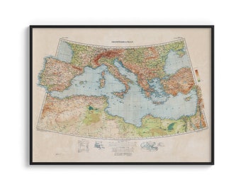 Mediterranean Sea map 1937 - vintage map reprint, wall decor map, travel poster