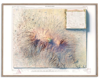 Kilimanjaro (Tanzania) Topographic Map of 1978 - 2D Poster Shaded Relief Map, Fine Art Wall Decor, Vintage Gift Print, Geography Travel Art
