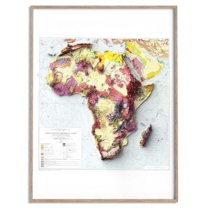 Carte géologique de l'Afrique de 1958 - carte en relief ombragé affiche 2D, décoration murale fine art, impression cadeau vintage, art de voyage géographie