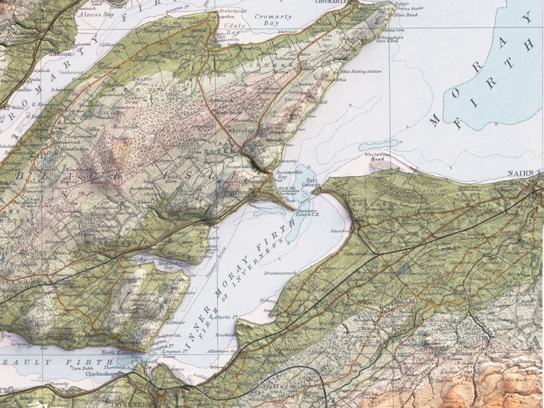 Inverness (Scotland, UK), Topographic map - 1912, 2D printed shaded relief map with 3D effect of a 1912 topographic map of Inverness (Scotland, UK). Vintage maps digitally restored and enhanced with a 3D effect.