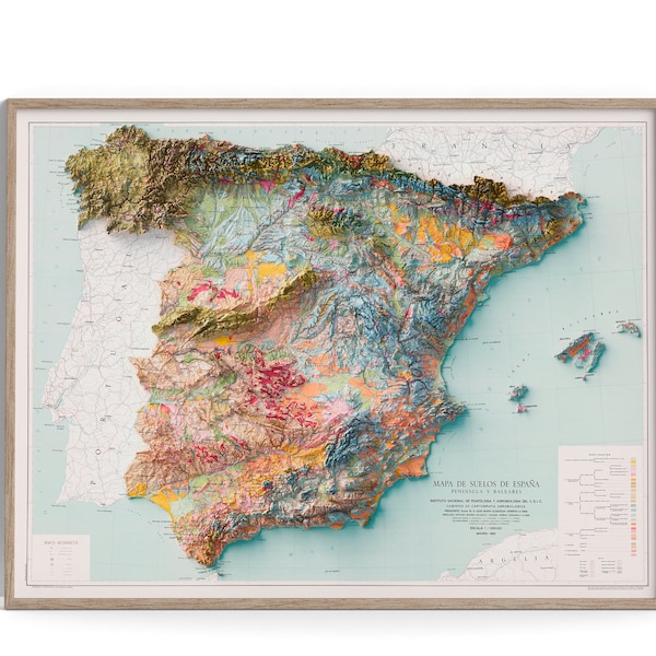 Mapa de suelos de la península española y Baleares (España) de 1966 - Mapa en relieve sombreado de póster 2D, decoración de pared de bellas artes, impresión de regalo vintage, geografía