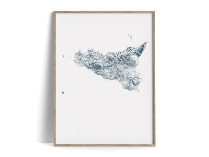 Sicily, Italy Elevation Map White 2D Poster Shaded Relief Map, Fine Art Wall Decor, Travel Poster image 1