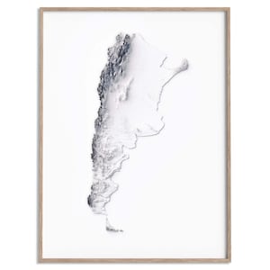 Argentina Elevation Map (White) - 2D Poster Shaded Relief Map, Fine Art Wall Decor, Geography Travel Poster
