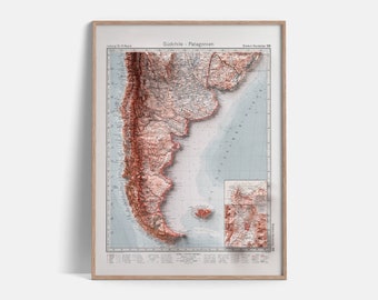 Patagonië topografische kaart van 1925 - 2D Poster schaduwrijke reliëfkaart, Fine Art Wall Decor, Vintage Gift Print, geografie reiskunst