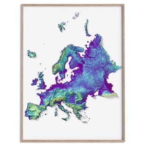 Carte des élévations de l'Europe (Viridis) - carte en relief ombragé affiche 2D, décoration murale beaux-arts, affiche de voyage géographie