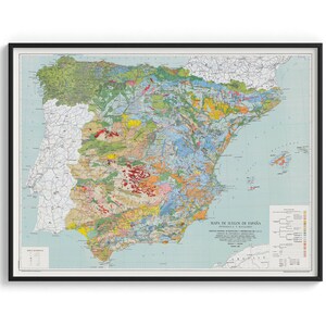 Péninsule espagnole et Baléares, carte du sol 1966 - affiche de réimpression vintage, art de décoration murale, cadeau de géographie de voyage