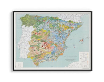 Spanish peninsula and Baleares, Soil map (1966) - Vintage map reprint, wall decor map, travel poster