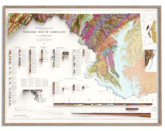 Może przedstawiać: Szczegółowa mapa geologiczna stanu Maryland, przedstawiająca zróżnicowane formacje skalne i historię geologiczną tego regionu. Mapa zawiera legendę z kolorowym kodowaniem oraz przekrój poprzeczny ilustrujący warstwy skalne pod powierzchnią.