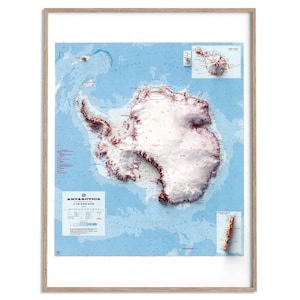 Carte topographique de l'Antarctique de 1986 - carte en relief ombragé affiche 2D, décoration murale beaux-arts, impression cadeau vintage, art de voyage géographie