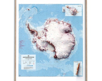 May include: A detailed map of Antarctica with a blue background and red and white lines showing the continent's topography. The map includes a scale of 1:10,000,000 and a legend with various symbols and colours.