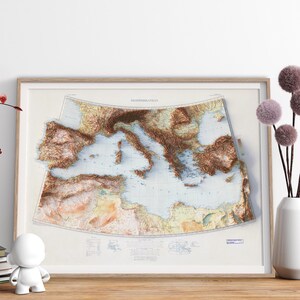 Mediterranean Sea, Topographic map - 1937, 2D printed shaded relief map with 3D effect of a 1937 topographic map of Mediterranean Sea.  Vintage maps digitally restored and enhanced with a 3D effect.