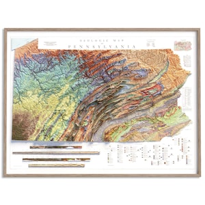 Pennsylvania (USA) Geologische Karte von 1960 - 2D Poster Relief, Farbiger Reliefdruck, Vintage Geschenk Druck, Geographie