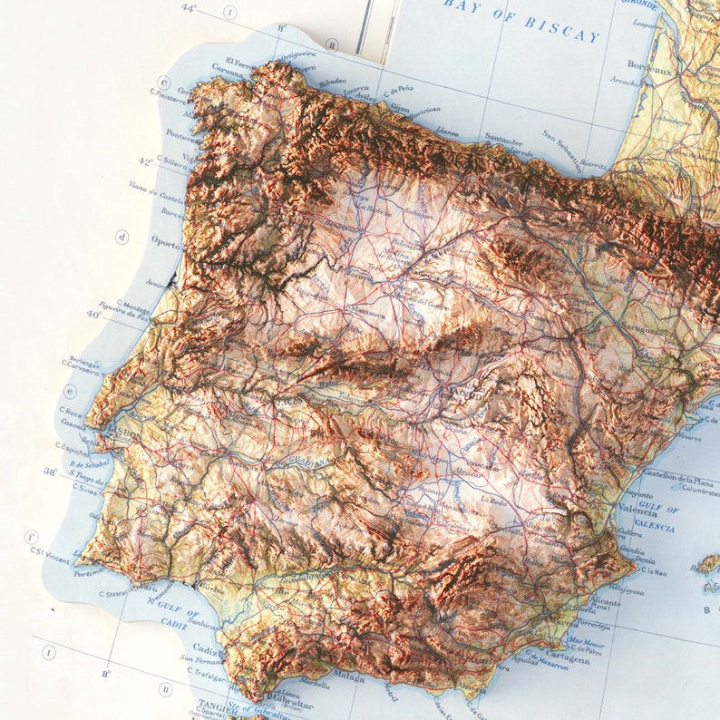 Mediterranean Sea, Topographic map - 1937, 2D printed shaded relief map with 3D effect of a 1937 topographic map of Mediterranean Sea.  Vintage maps digitally restored and enhanced with a 3D effect.