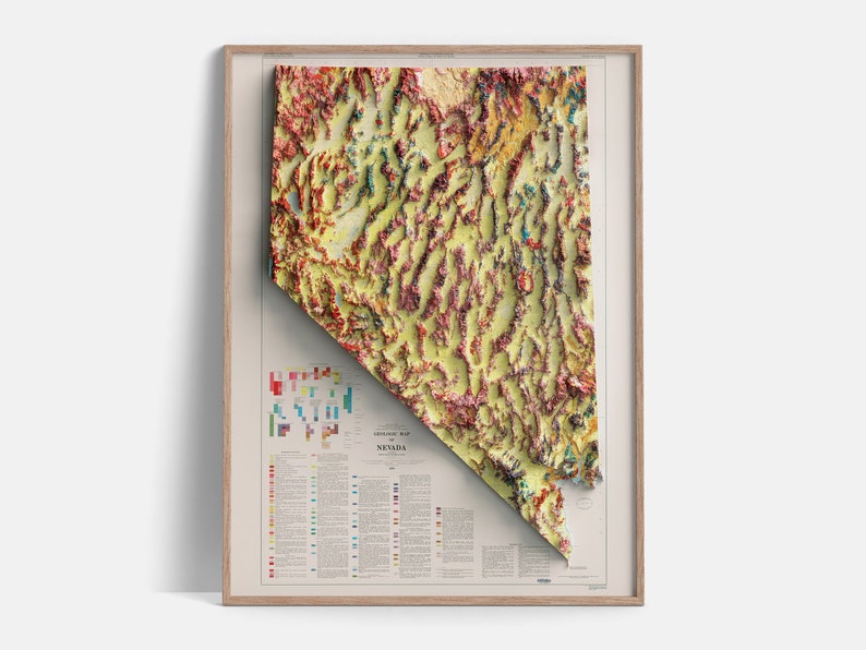 Nevada USA Geological Map of 1978 2D Poster Shaded Relief Map, Fine Art Wall Decor, Vintage Gift Print, Geography Travel Art imagem 1