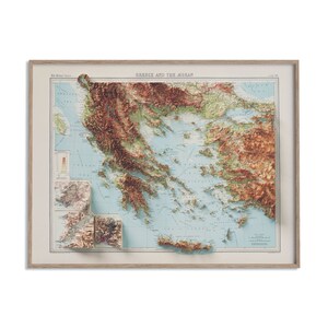 Greece, Topographic map - 1922, 2D printed shaded relief map with 3D effect of a 1922 topographic map of Greece. Shop our beautiful fine art printed maps on supreme Cotton paper. Vintage maps digitally restored and enhanced with a 3D effect.